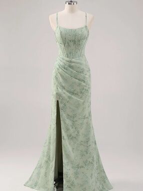 Mint Green Spaghetti-Strap Maxi Dress with Side Slit